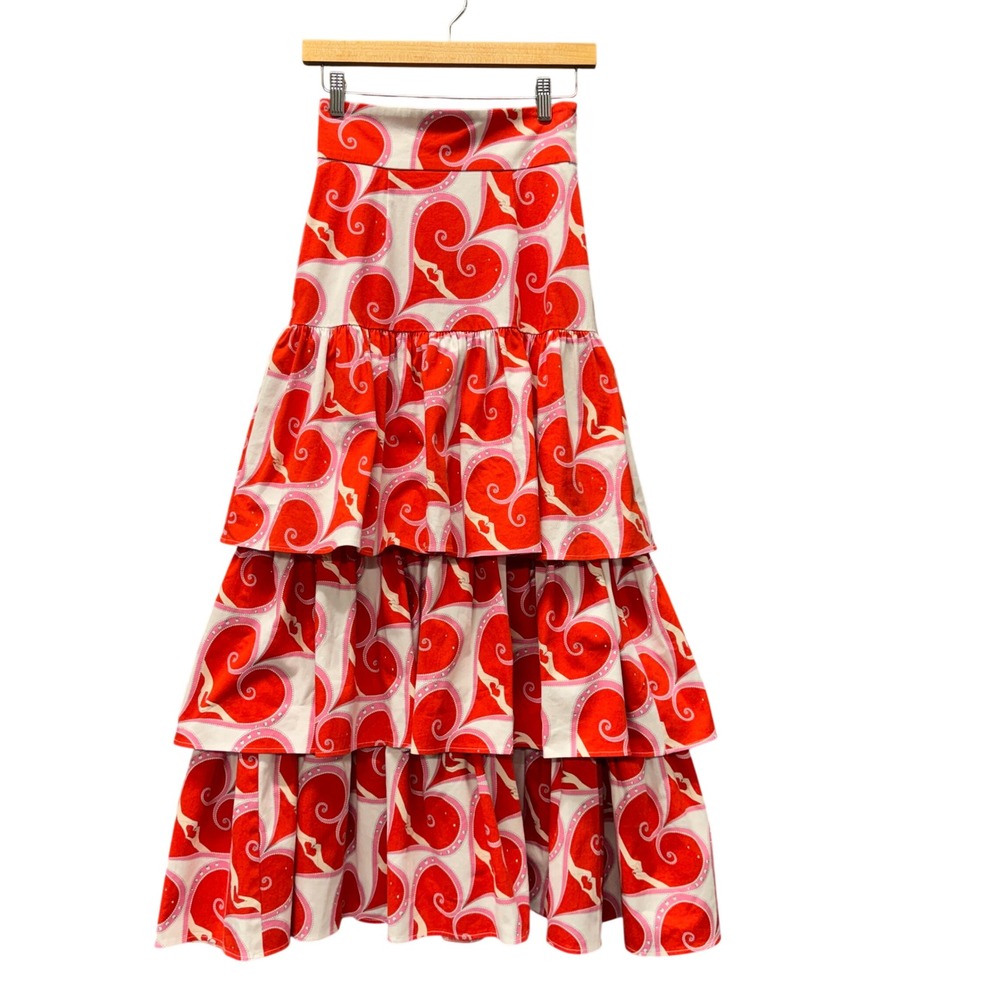 Paolita Tiered Maxi Skirt Womens XS Heartbreaker Santo Domingo Print Red Pink